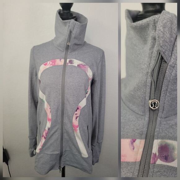 Lululemon In Stride Jacket Womens 10 Zip Up Thumbholes Gray Floral Logo - Picture 1 of 9